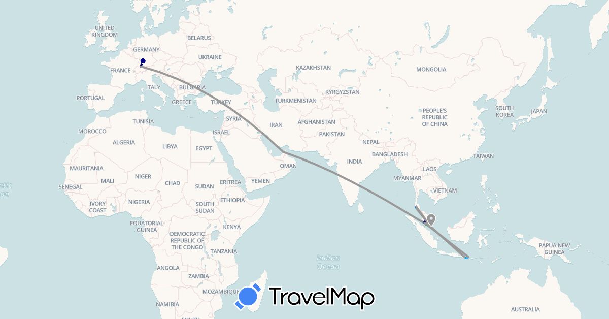 TravelMap itinerary: driving, bus, plane, boat, motorbike in United Arab Emirates, Switzerland, Germany, Indonesia, Malaysia, Singapore, Thailand (Asia, Europe)